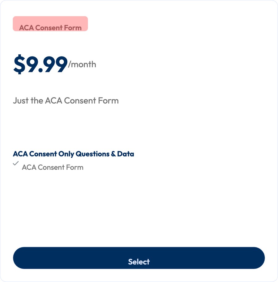 The ACA Consent Form card in the Survey Marketplace at $9.99 per month — just the ACA Consent Form