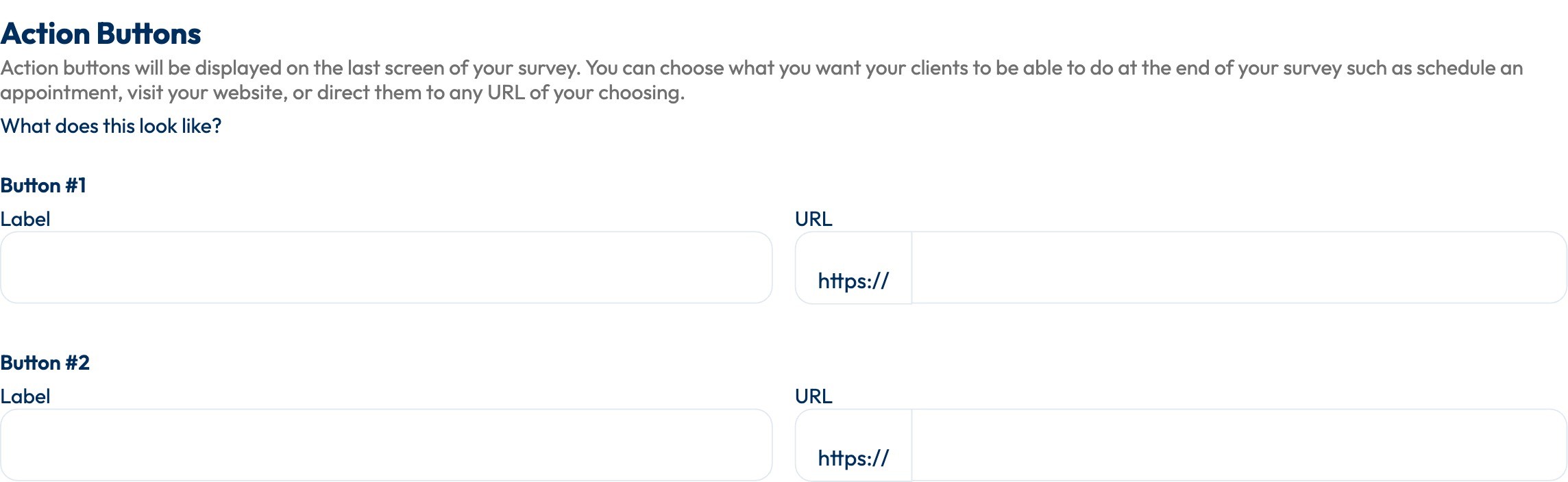 The Action Buttons section with empty Label and URL fields for Button #1 and Button #2