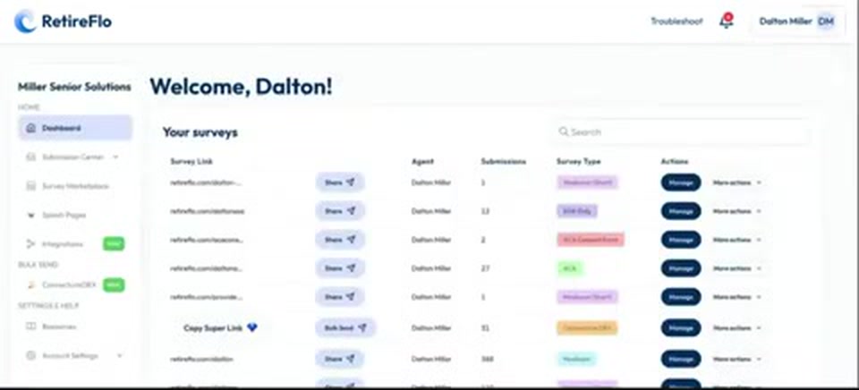 The RetireFlo dashboard after logging in