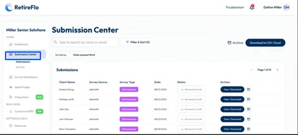 The Submission Center link highlighted in the left menu