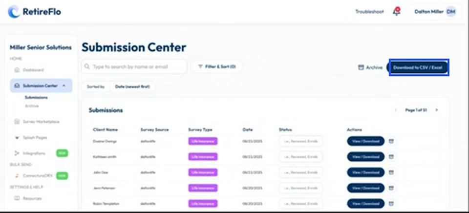 The Download to CSV / Excel button highlighted in the Submission Center