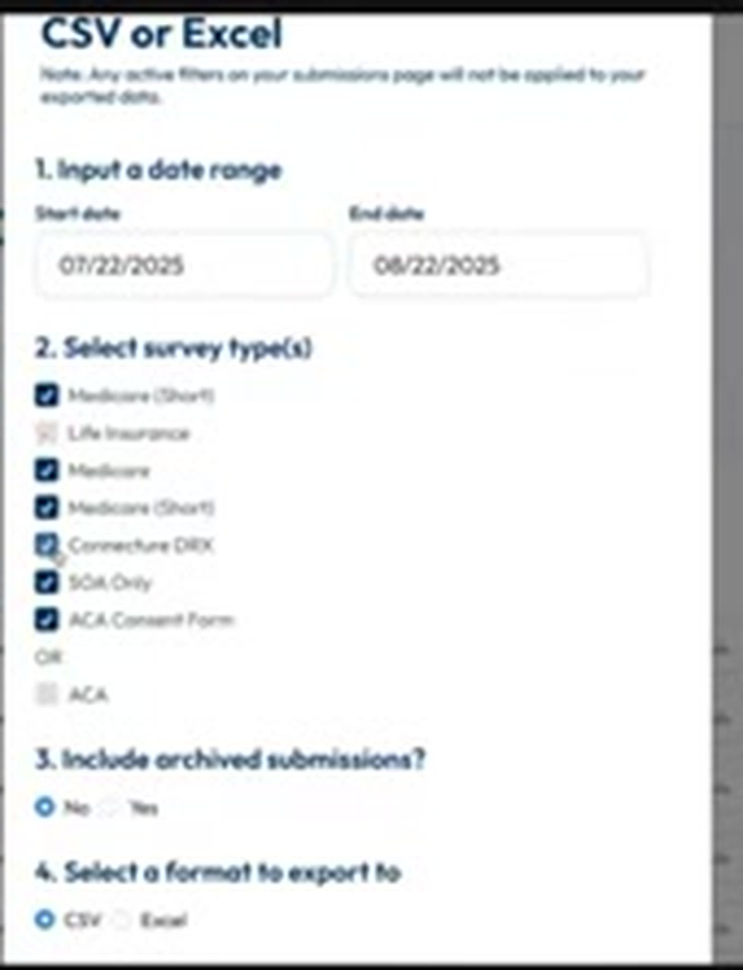 The CSV or Excel export pop-up with date range, survey types, archive option, and format