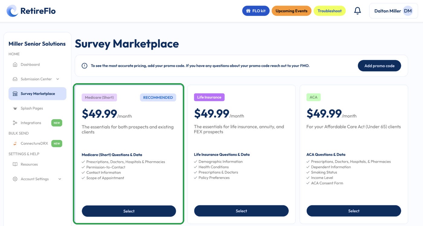 The Survey Marketplace with the Medicare (Short) survey highlighted at $49.99 per month