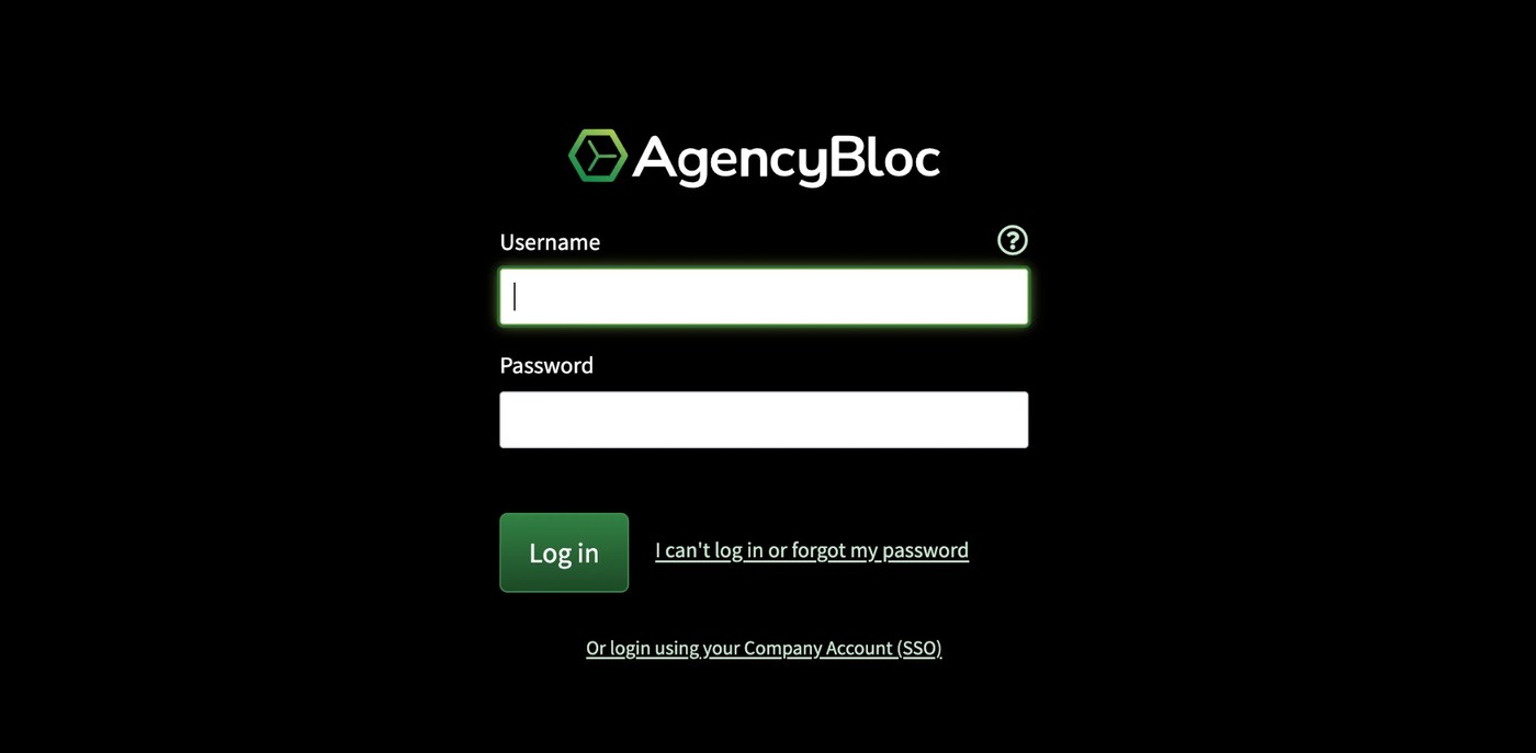 The AgencyBloc login page with username and password fields and a Company Account SSO option