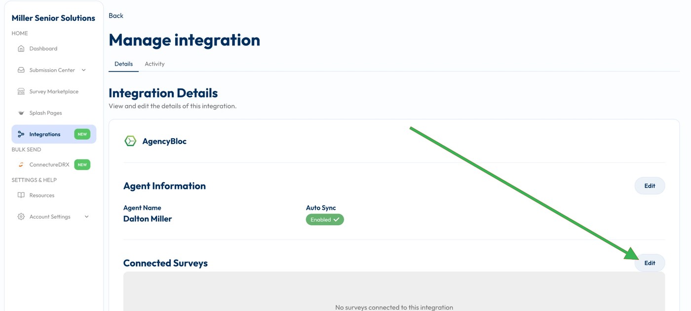 The Manage integration screen for AgencyBloc with Auto Sync enabled and an arrow pointing to the Connected Surveys Edit button