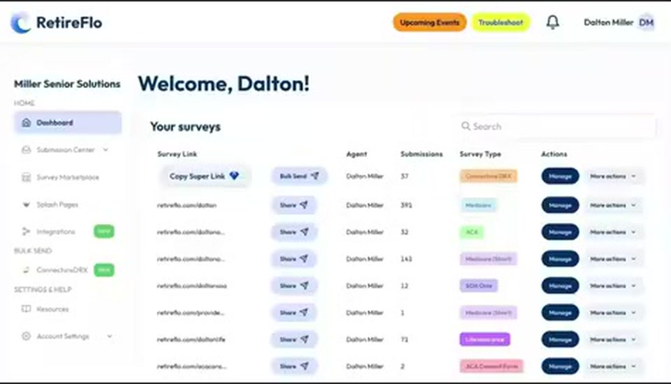 The RetireFlo dashboard with the list of surveys