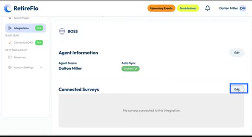 The Edit button highlighted next to Connected Surveys on the BOSS integration page