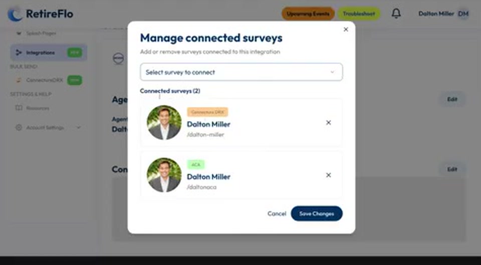 The Manage connected surveys pop-up with two surveys selected and the Save Changes button