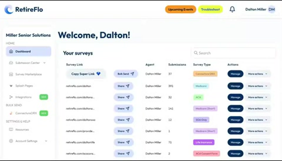 The RetireFlo dashboard with the list of surveys