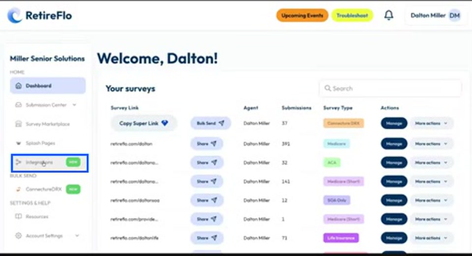 The Integrations link highlighted in the RetireFlo left sidebar