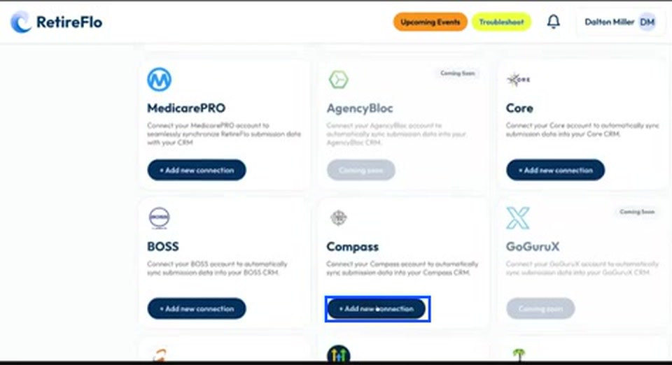 The Add new connection button highlighted on the Compass integration card