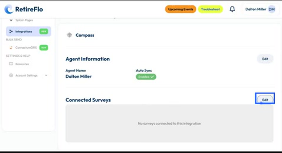The Edit button highlighted next to Connected Surveys on the Compass integration page