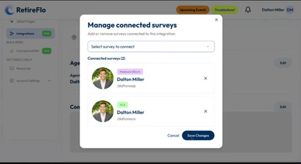 The Manage connected surveys pop-up with two surveys selected and the Save Changes button