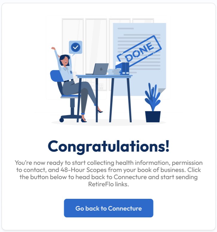 The Congratulations screen with the Go back to Connecture button