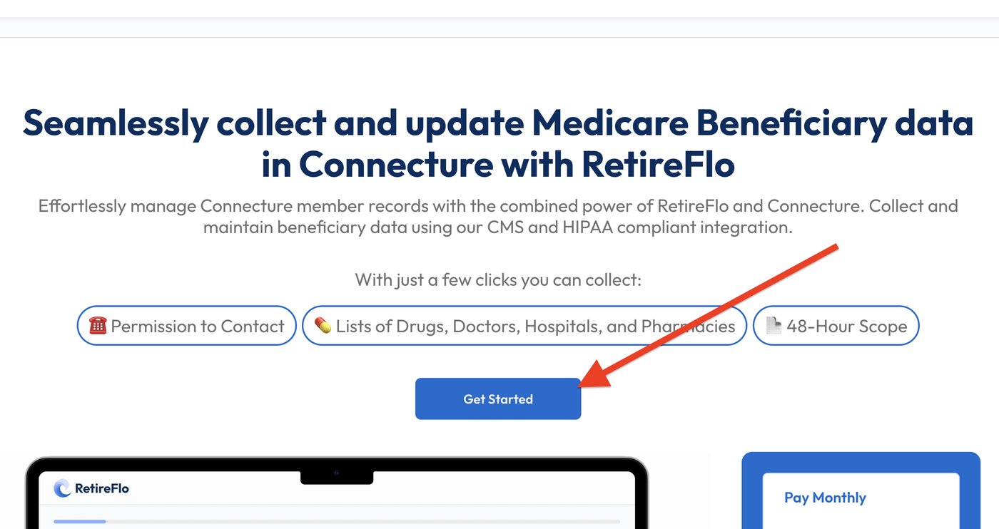 The RetireFlo welcome screen with the Get Started button highlighted