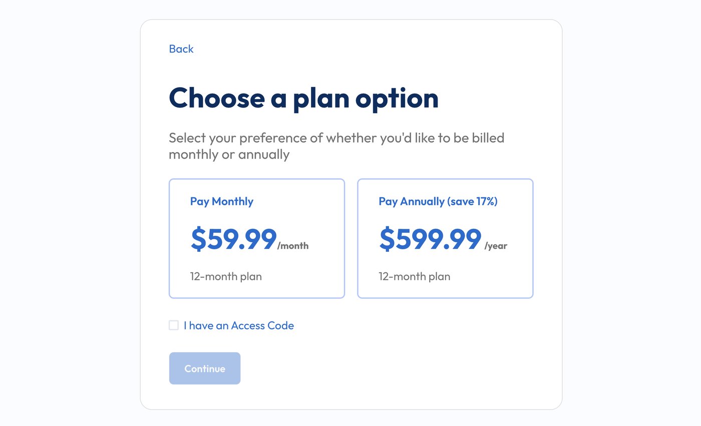 The Choose a plan option screen with Pay Monthly and Pay Annually cards