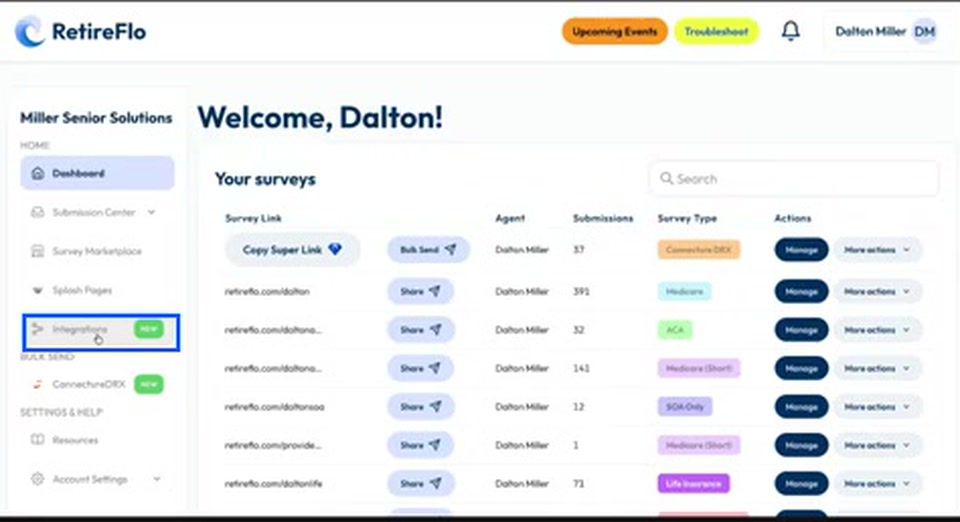 The Integrations link highlighted in the RetireFlo left sidebar