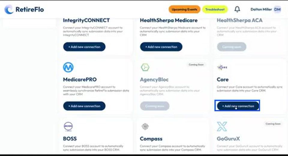 The Add new connection button highlighted on the Core integration card