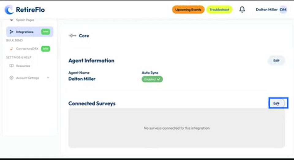 The Edit button highlighted next to Connected Surveys on the Core integration page