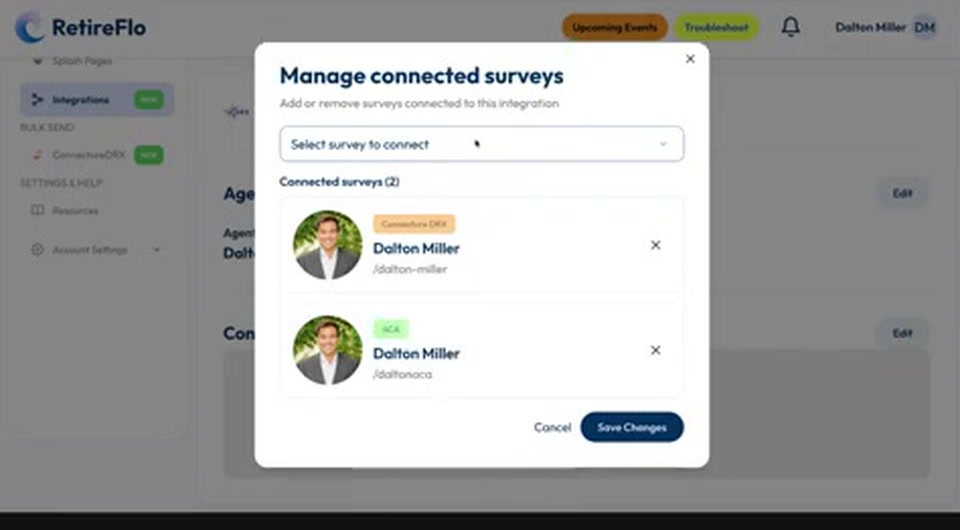 The Manage connected surveys pop-up with surveys selected and the Save Changes button