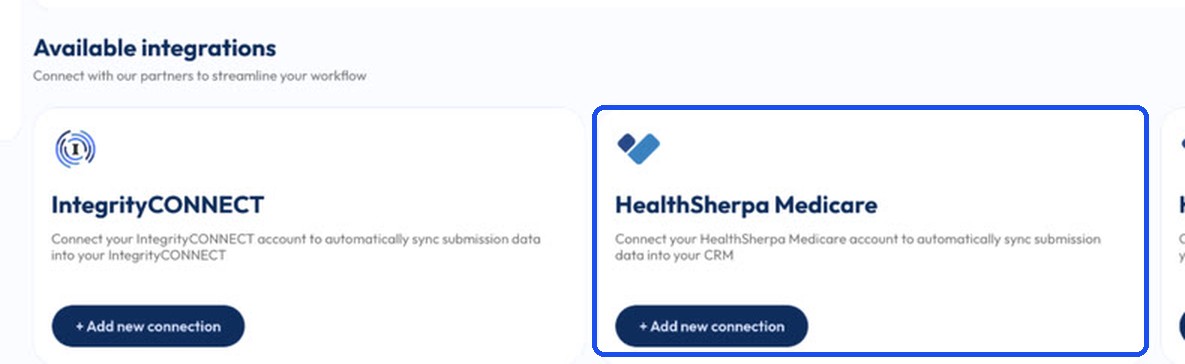 The Available integrations row with the HealthSherpa Medicare card highlighted