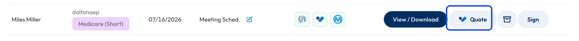 A submission row in the Submission Center with the one-click Quote button highlighted