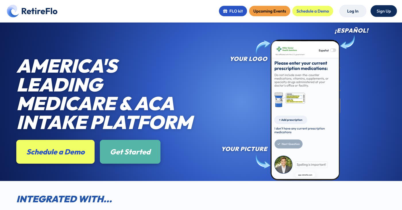 The RetireFlo homepage with the Log In and Get Started buttons