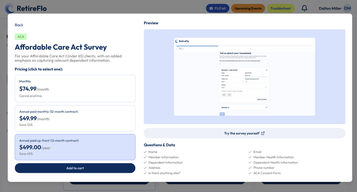 The Affordable Care Act Survey purchase screen with monthly and annual pricing options