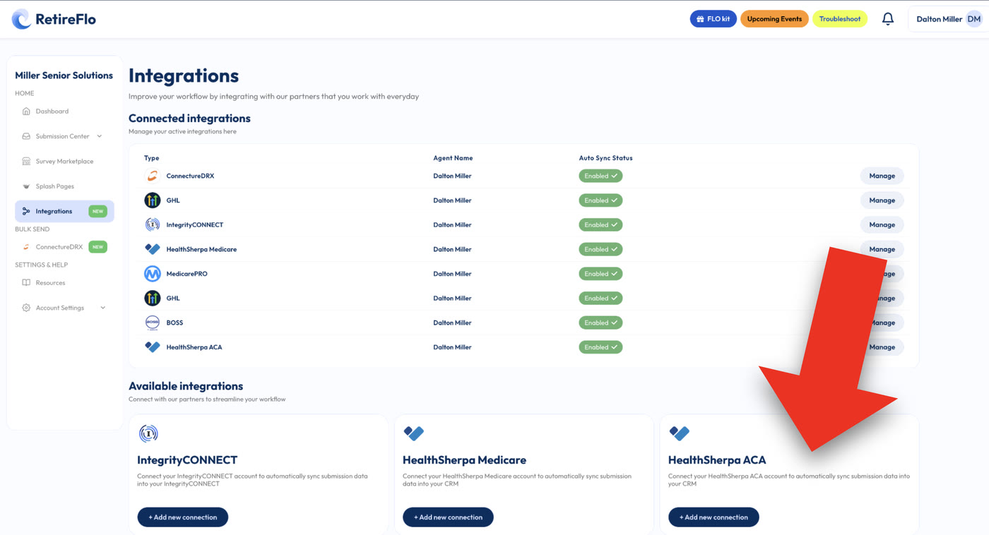 The Integrations page with the HealthSherpa ACA Add new connection card highlighted