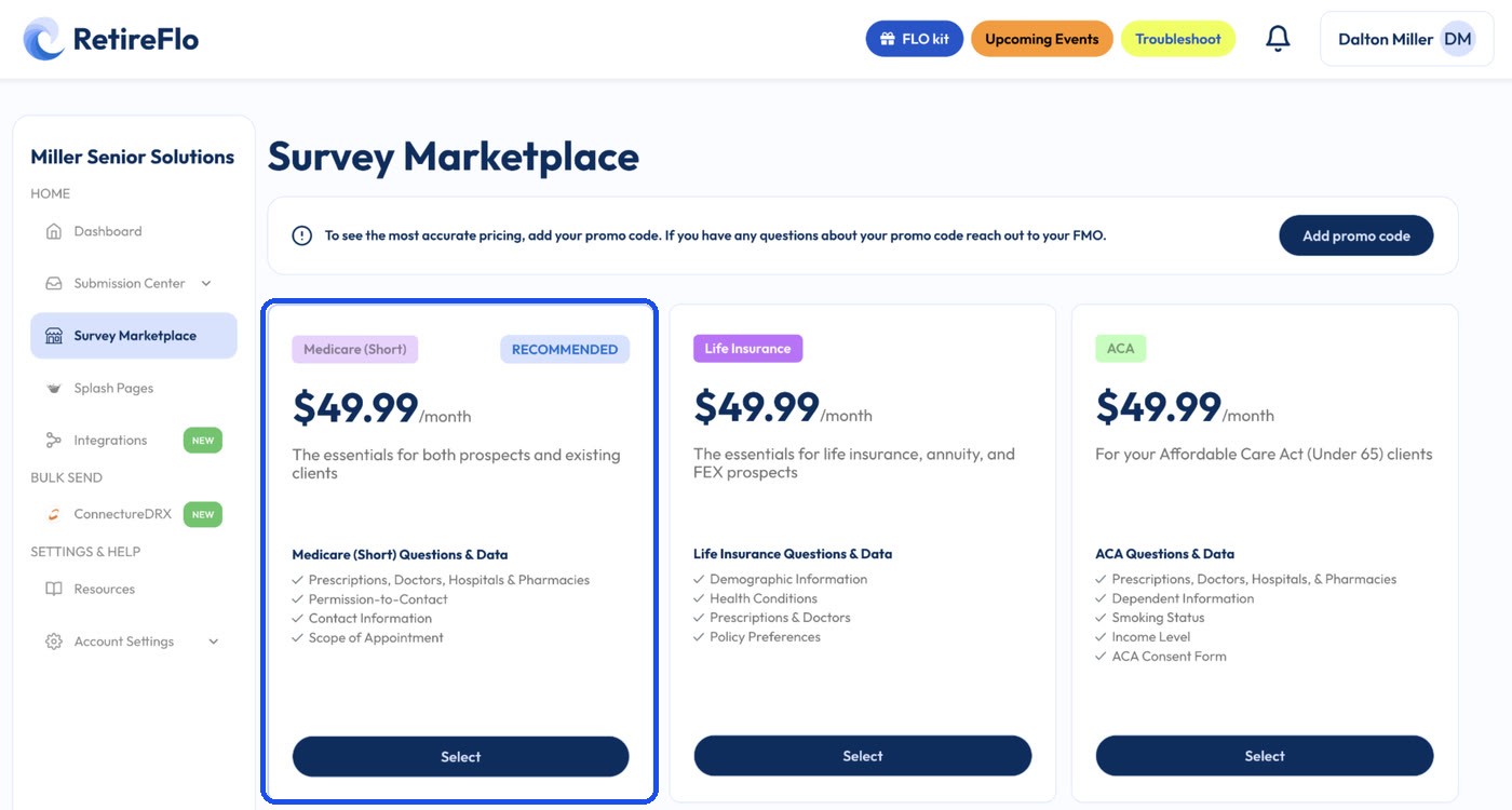 The Survey Marketplace with the Medicare (Short) survey highlighted at $49.99 per month, alongside Life Insurance and ACA
