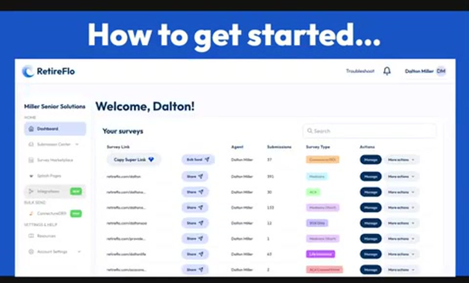The RetireFlo dashboard after logging in