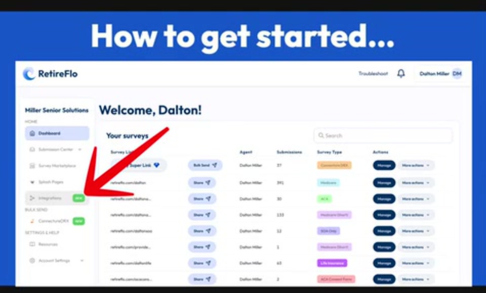 An arrow pointing to the Integrations link in the RetireFlo left sidebar