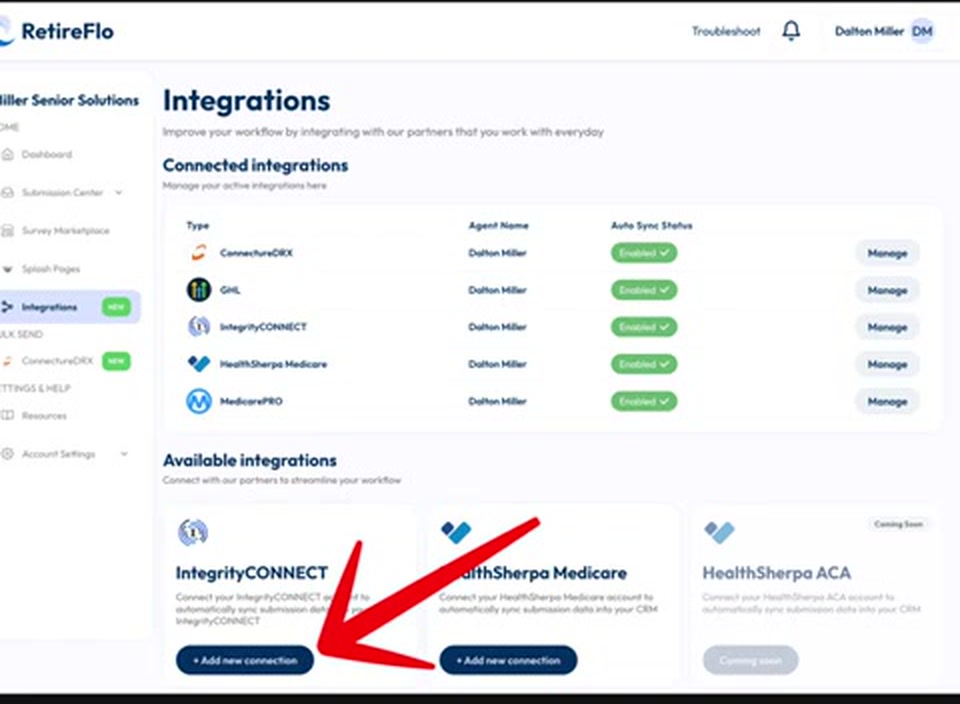 An arrow pointing to the Add new connection button on the IntegrityCONNECT card