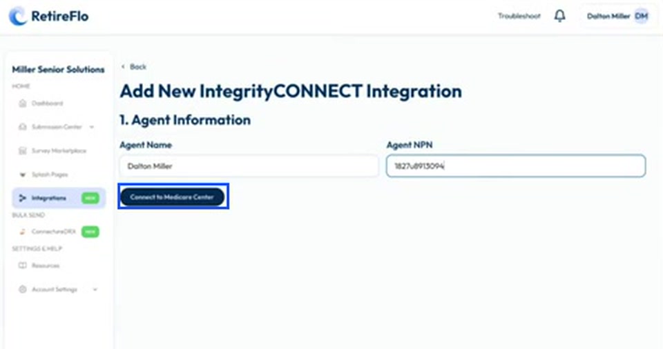 The Add New IntegrityCONNECT Integration form with name, NPN, and the connect button highlighted