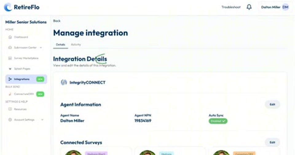 The IntegrityCONNECT integration details page showing agent information and connected surveys