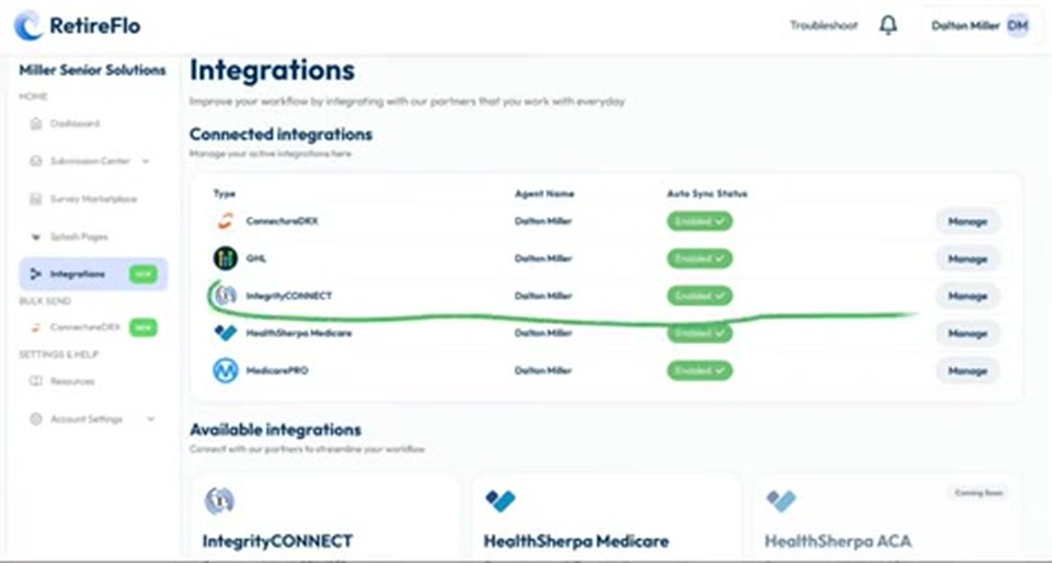 The IntegrityCONNECT row circled in the Connected integrations list with its green Enabled check