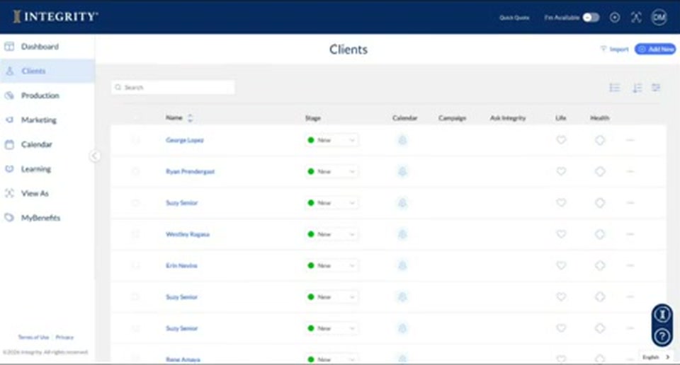 The Integrity Connect Clients page with the new client at the top of the list