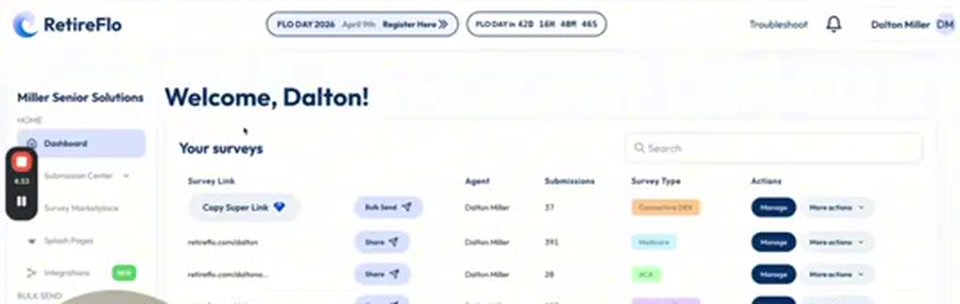 The RetireFlo welcome screen with the list of surveys