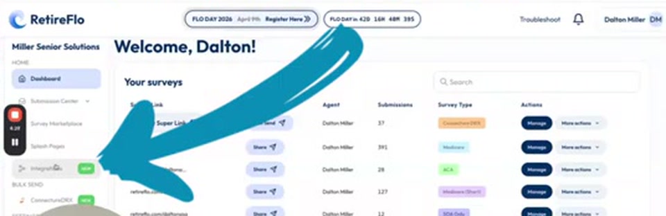 An arrow pointing to the Integrations link in the RetireFlo left sidebar