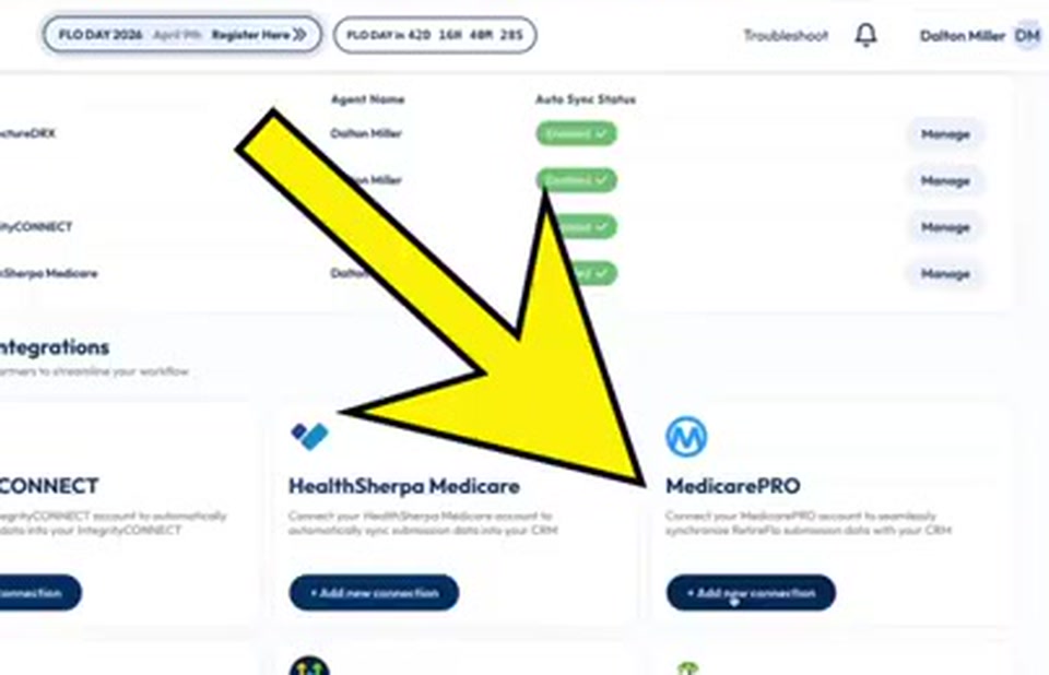 An arrow pointing to the MedicarePRO card in the available integrations