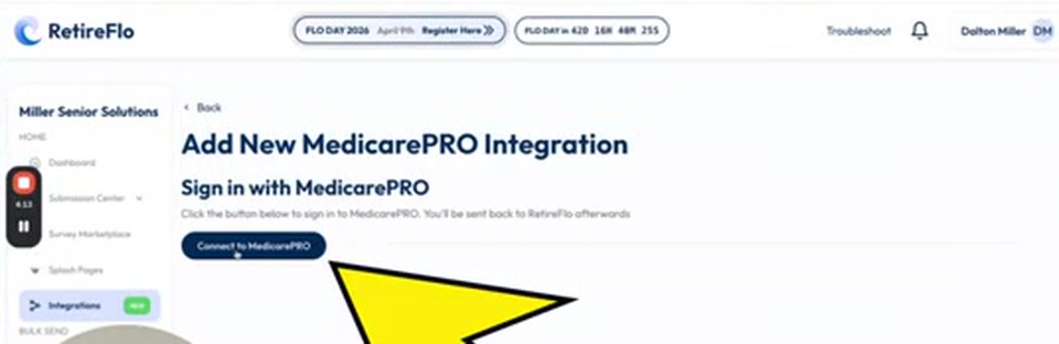 The Connect to MedicarePRO button on the Add New MedicarePRO Integration screen