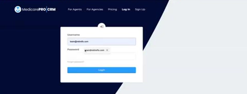 The Medicare Pro CRM login page with username and password fields