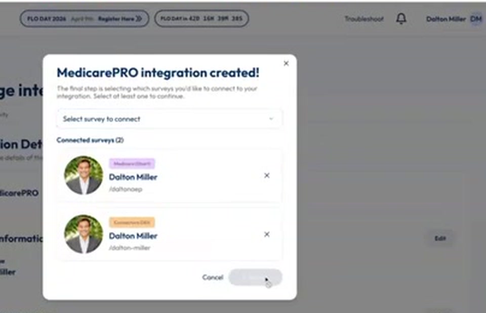 The MedicarePRO integration created pop-up with surveys selected and the Finish button