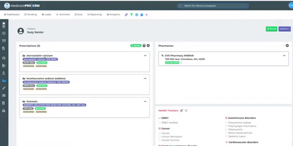 A prospect's profile in Medicare Pro showing prescriptions, pharmacy, and health details synced from RetireFlo