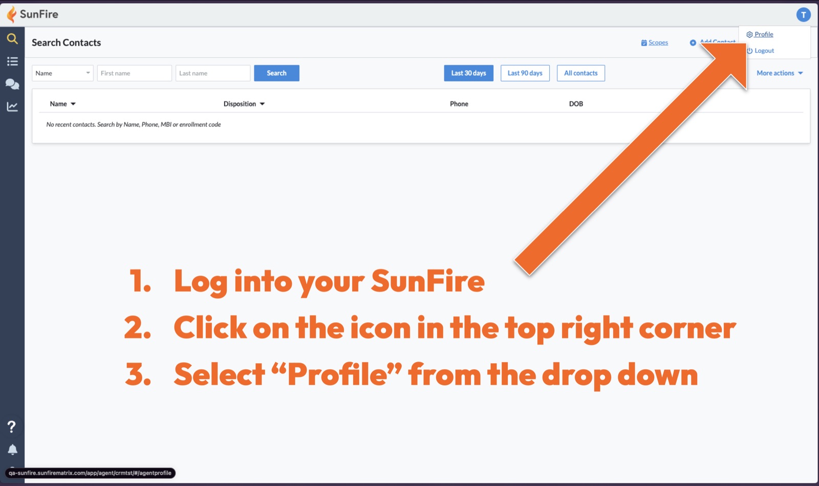 The SunFire Search Contacts page with the profile icon menu open and Profile highlighted