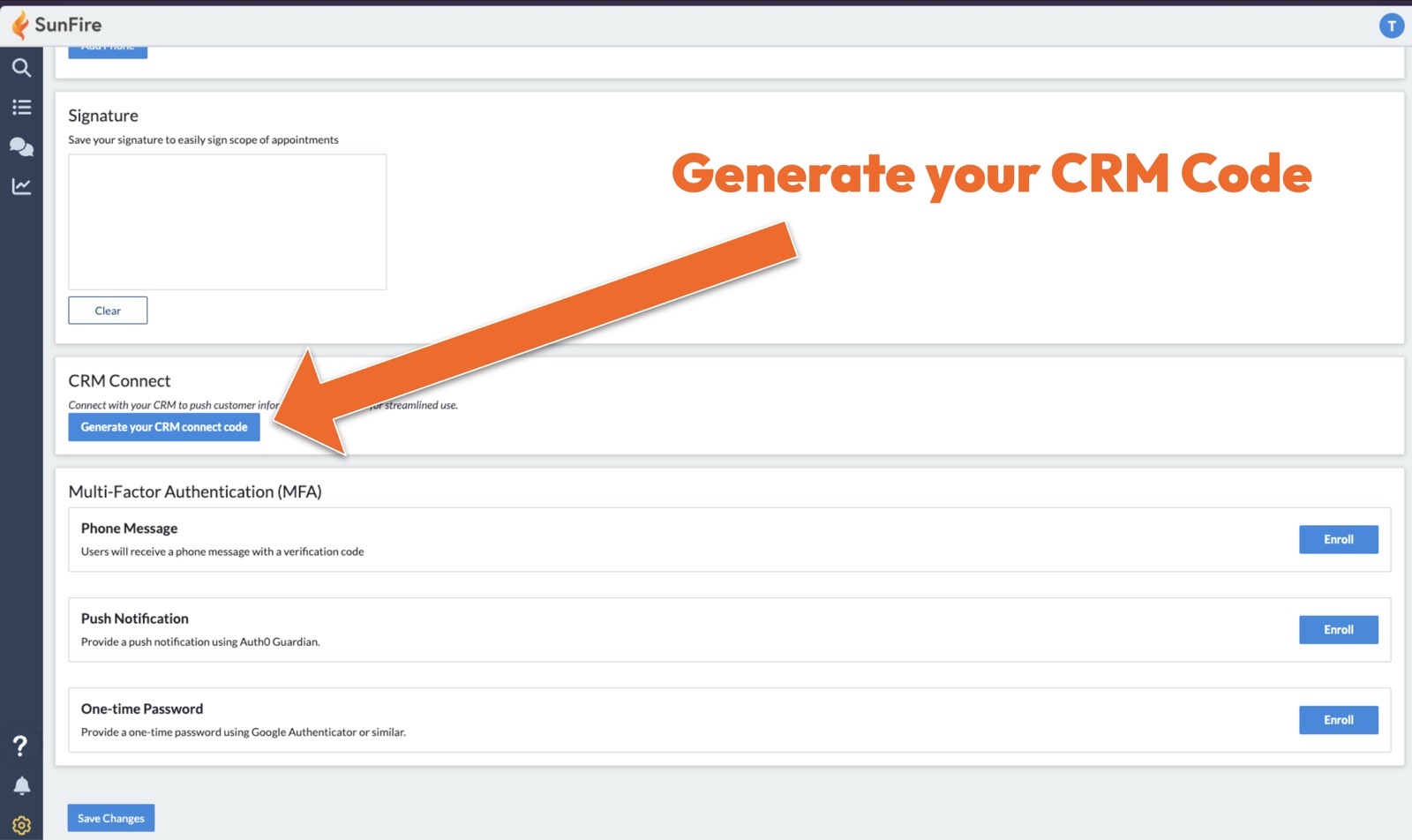 The SunFire Profile page with an arrow pointing to the Generate your CRM connect code button