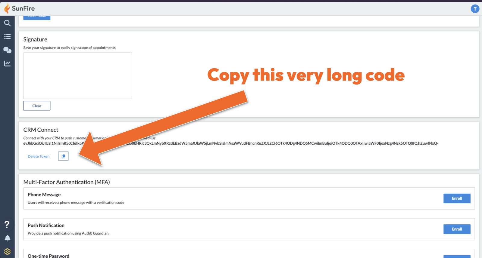 The generated CRM Connect token in SunFire with an arrow pointing to the copy button