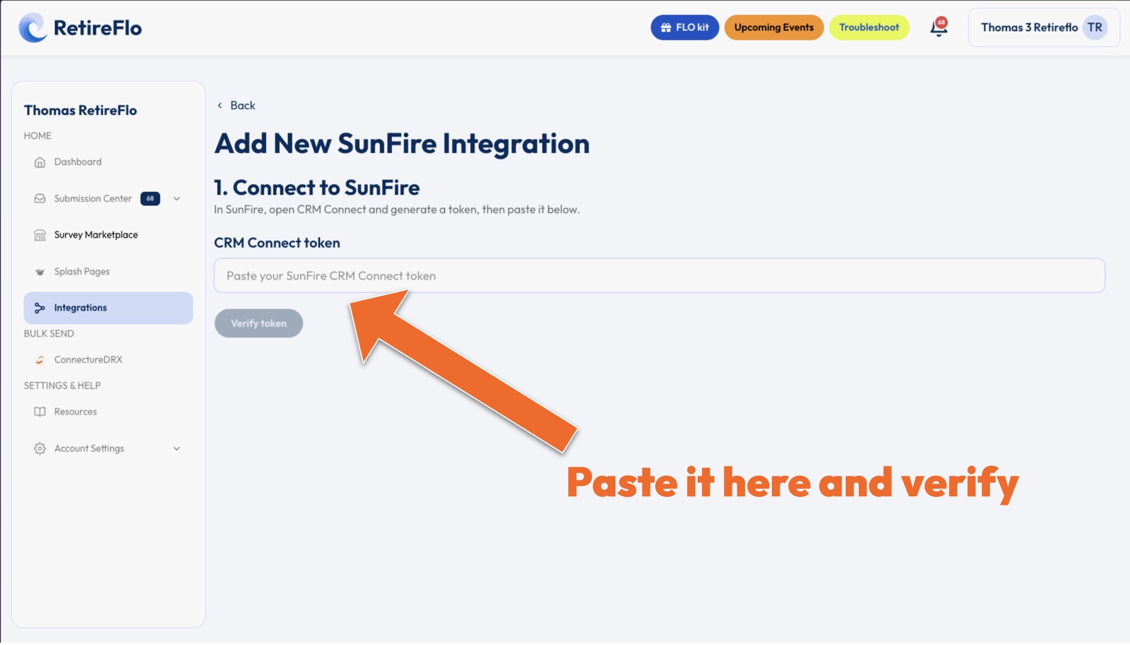 The Add New SunFire Integration page in RetireFlo with an arrow pointing to the CRM Connect token field