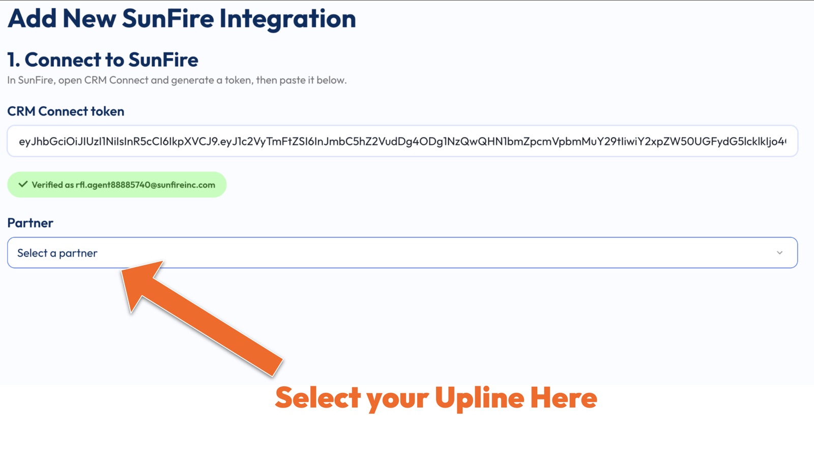 The verified SunFire token with an arrow pointing to the Partner drop down