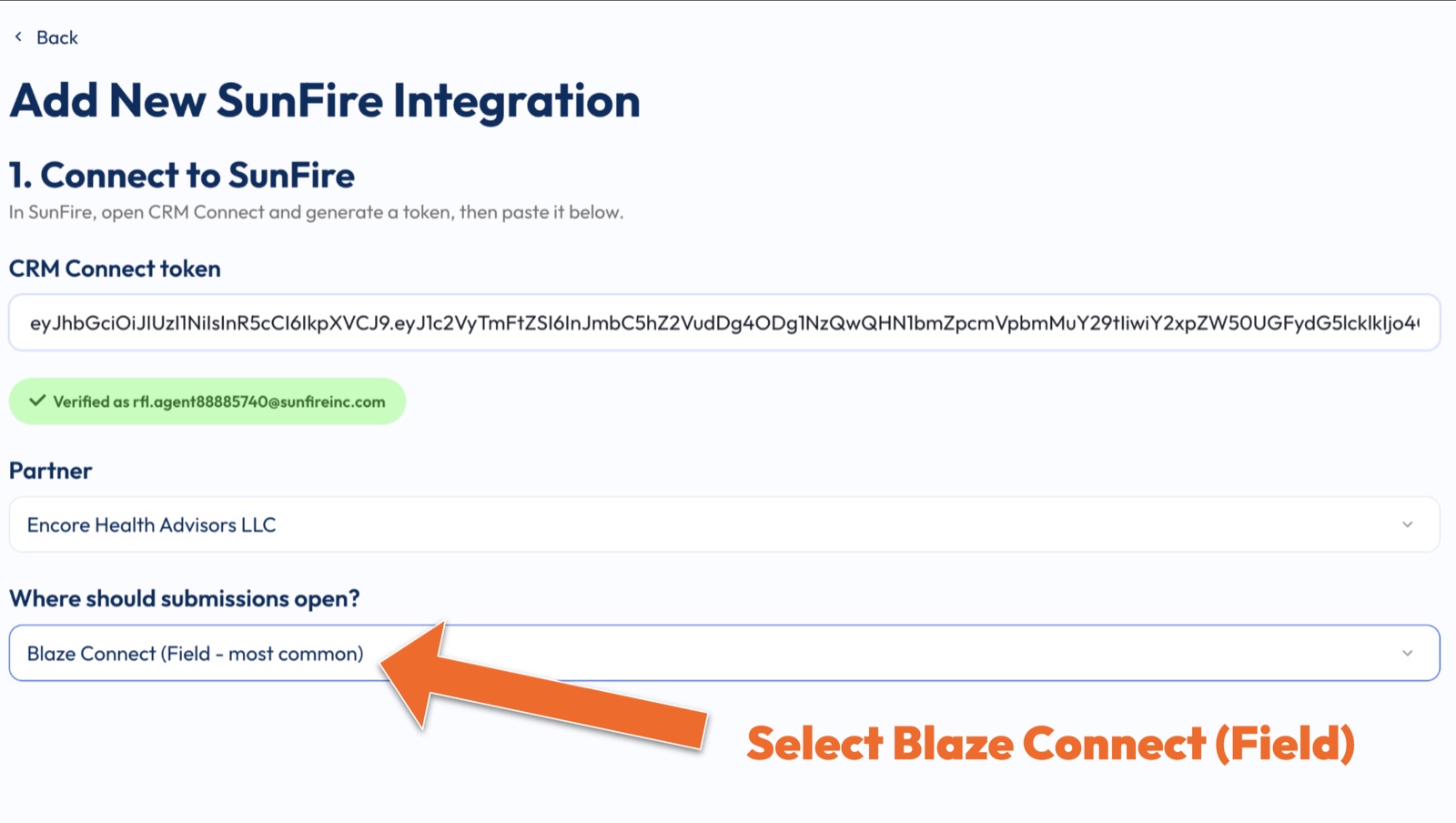 The Where should submissions open drop down with Blaze Connect (Field - most common) selected